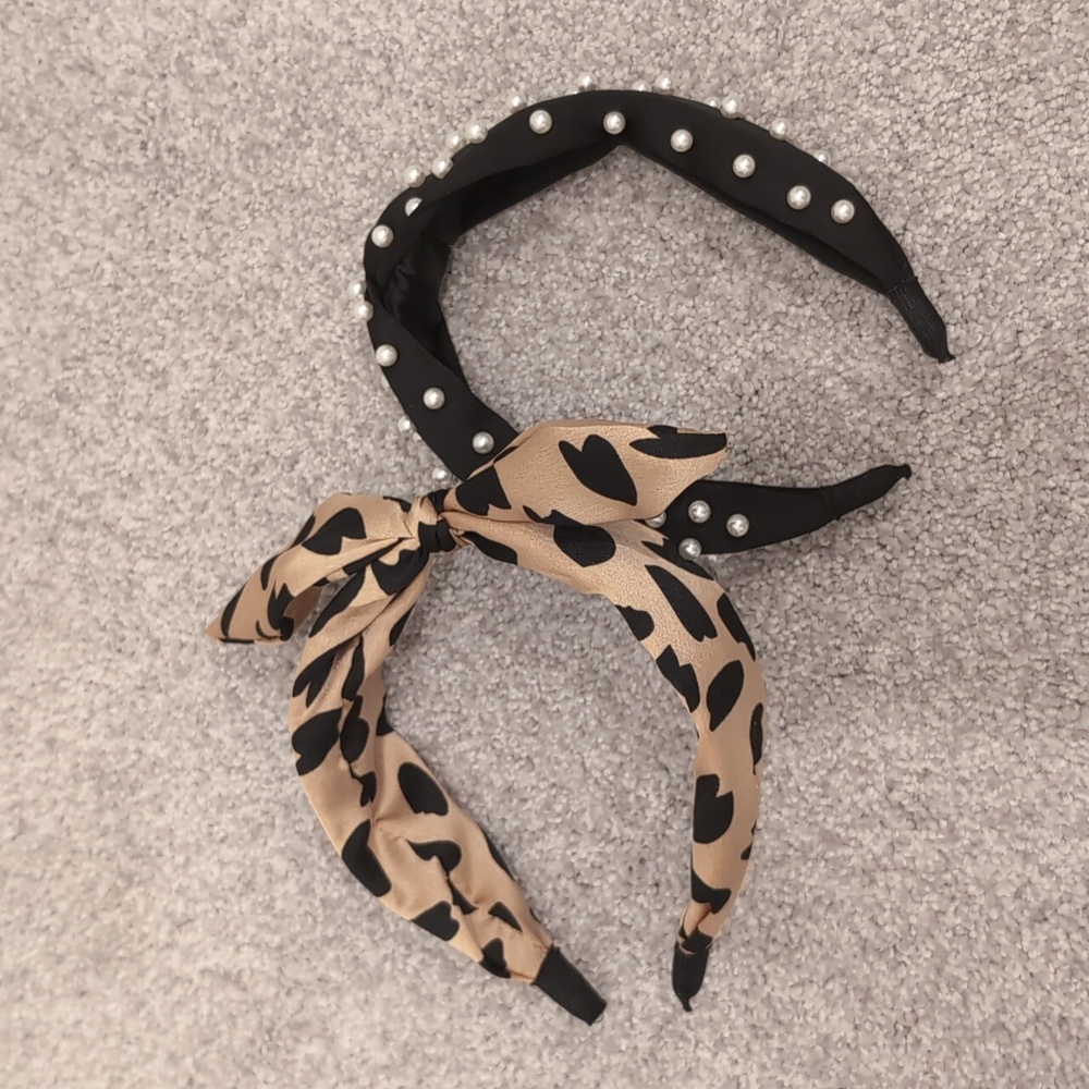 GUC Leopard Print and Pearl Embellished Headband Set
